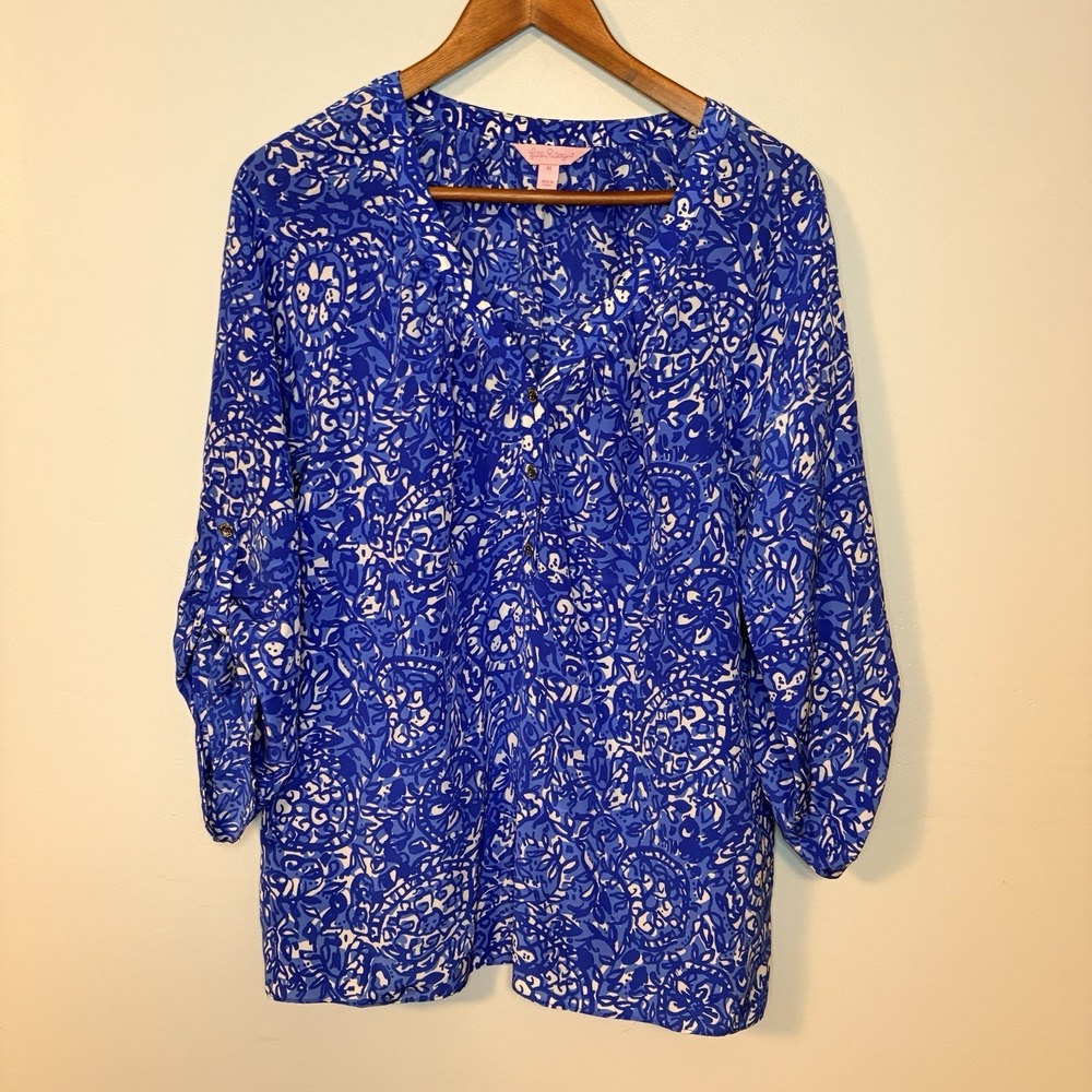 Lilly Pulitzer Womens Silk Floral V-Neck Tunic Blouse Roll Sleeve Blue Size M